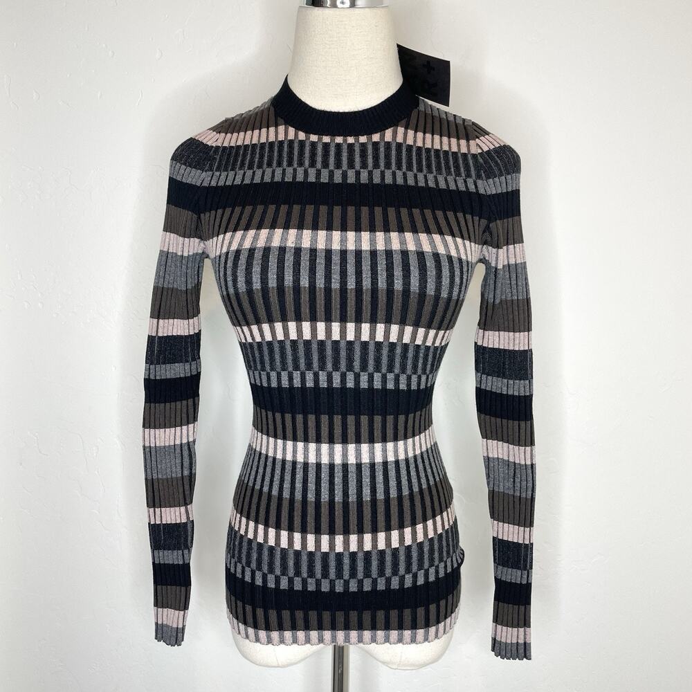 Alp N Rock Sadie Sweater Womens Small Gray Black Striped Ribbed Crew Pullover
